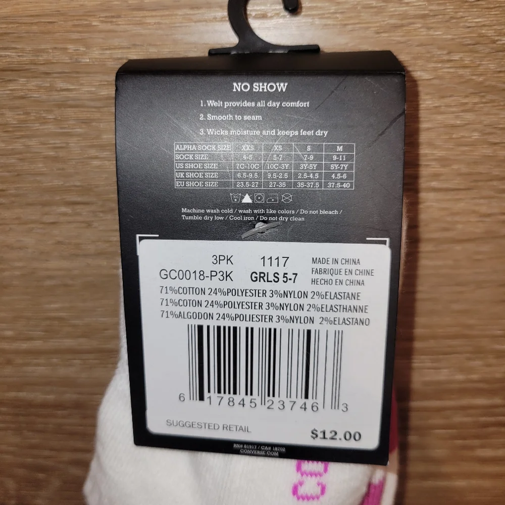 Converse Girls 3 Pair No Show Socks White Purple Size XS Kids 10C-3Y New